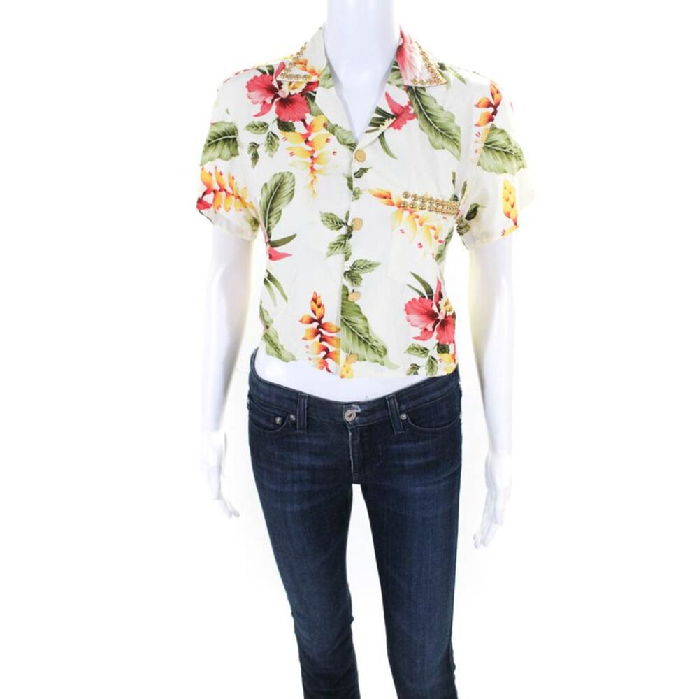 Riley Women's Short Sleeve Collared Studded Floral Cropped Blouse Green XS